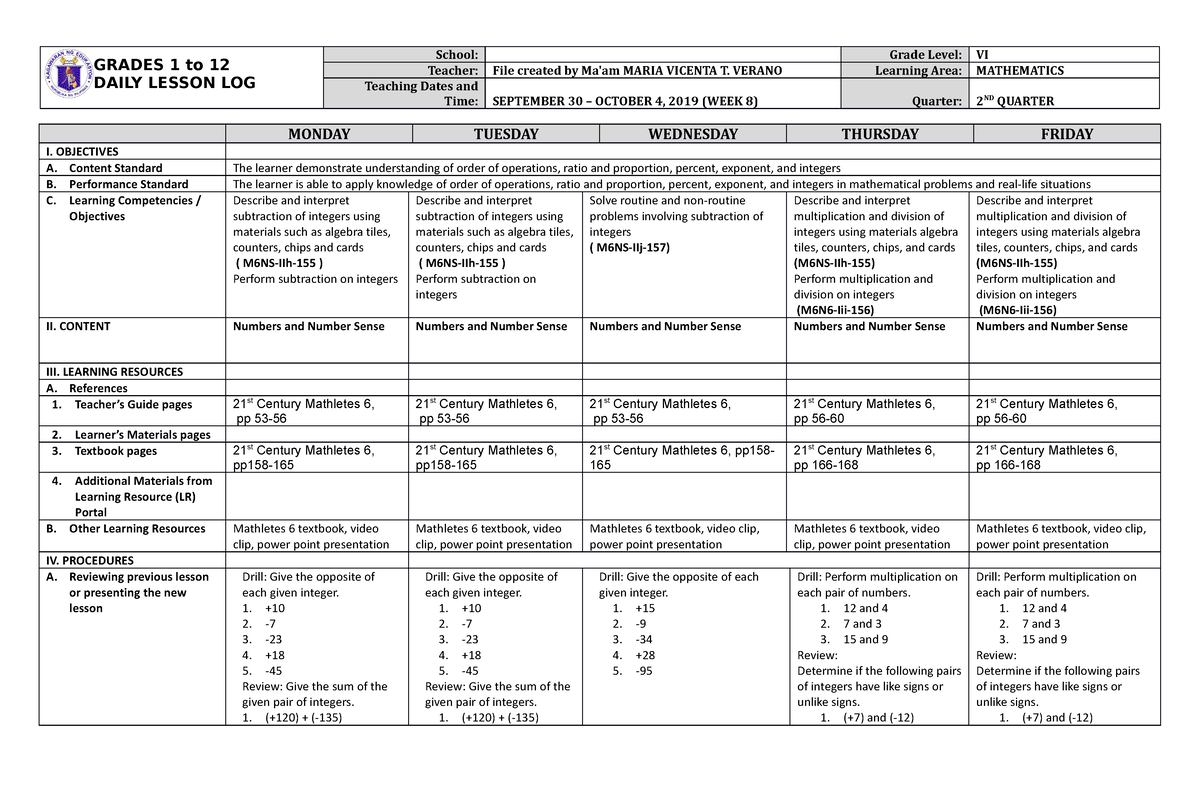 DLL Mathematics 6 Q2 W8 - DAILY LESSON LOG - GRADES 1 To 12 DAILY ...