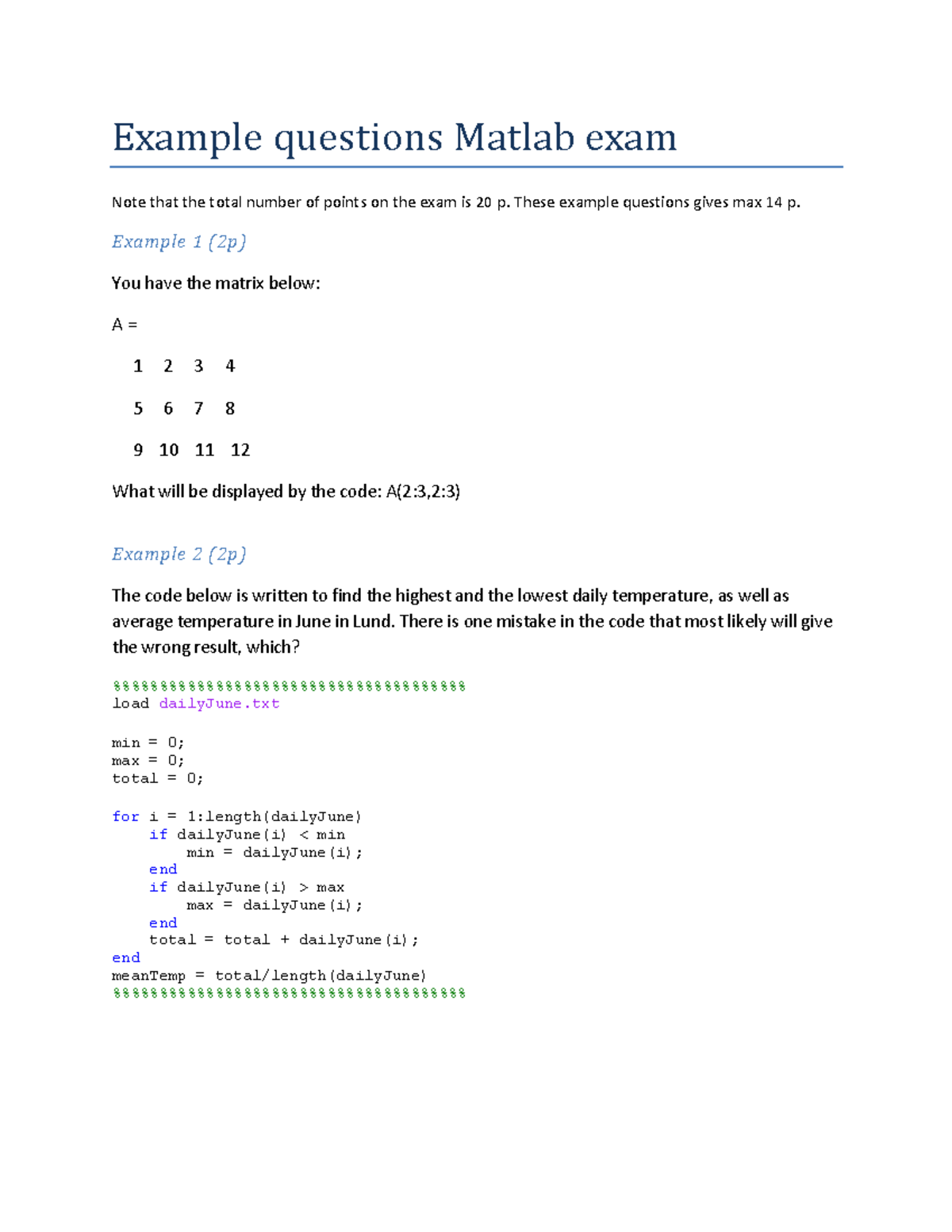 Matlab Example Questions Exam - Example Questions Matlab Exam Note That ...