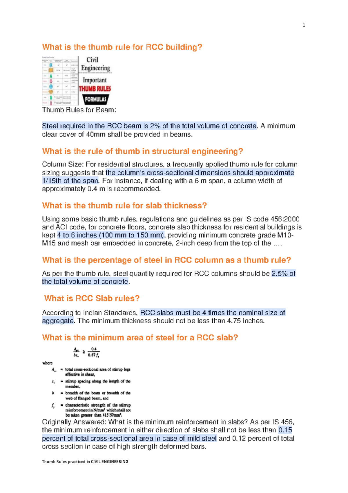 Thumb Rules in Civil Engineering - What is the thumb rule for RCC ...