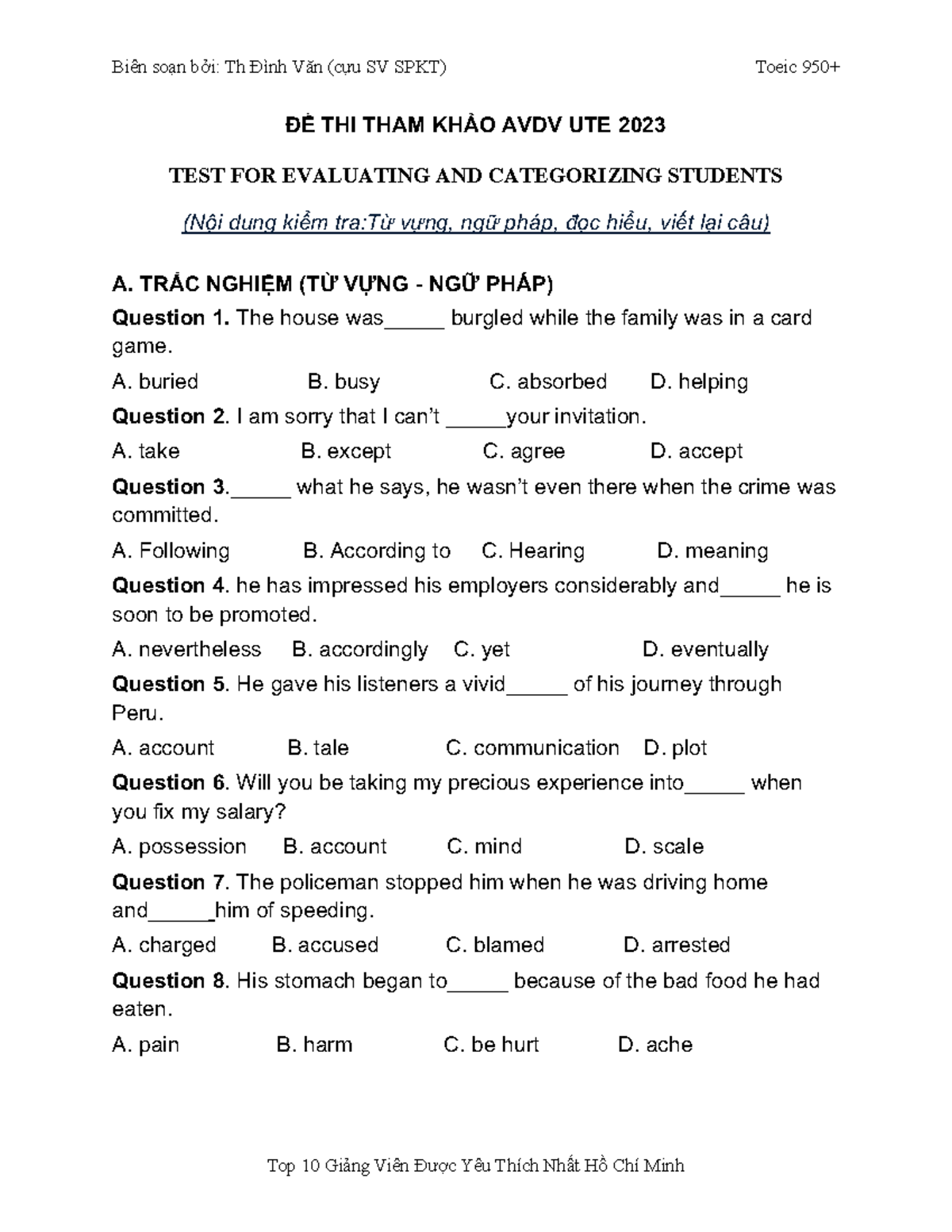01 AVDV - Notthing - ĐỀ THI THAM KHẢO AVDV UTE 2023 TEST FOR EVALUATING ...