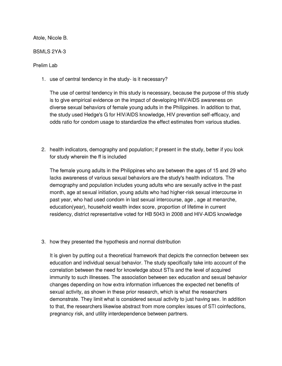 Bioe-prelim lab - Atole, Nicole B. BSMLS 2YA- Prelim Lab use of central ...