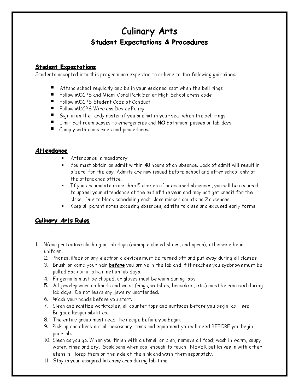 Student expectations and procedures Level 1 copy - Culinary Arts ...