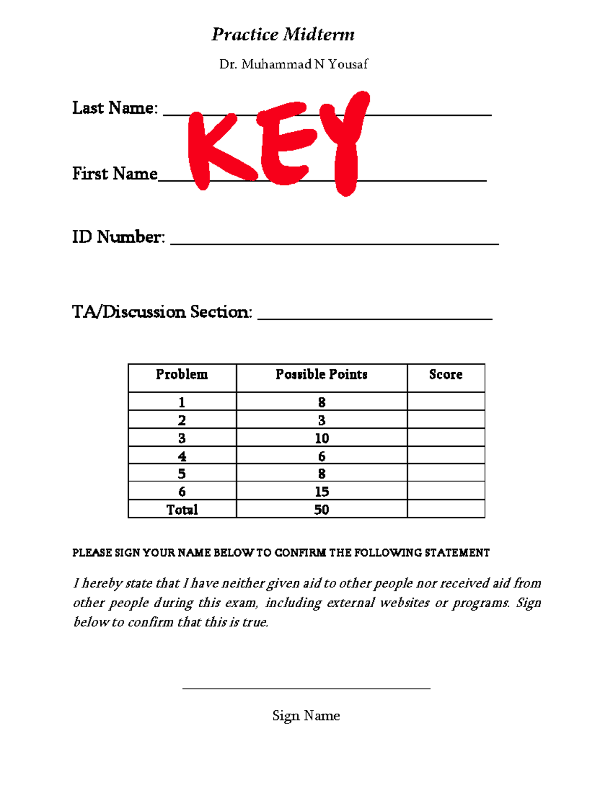 Practice Exam for Midterm 1 – Key - Practice Midterm Dr. Muhammad N ...
