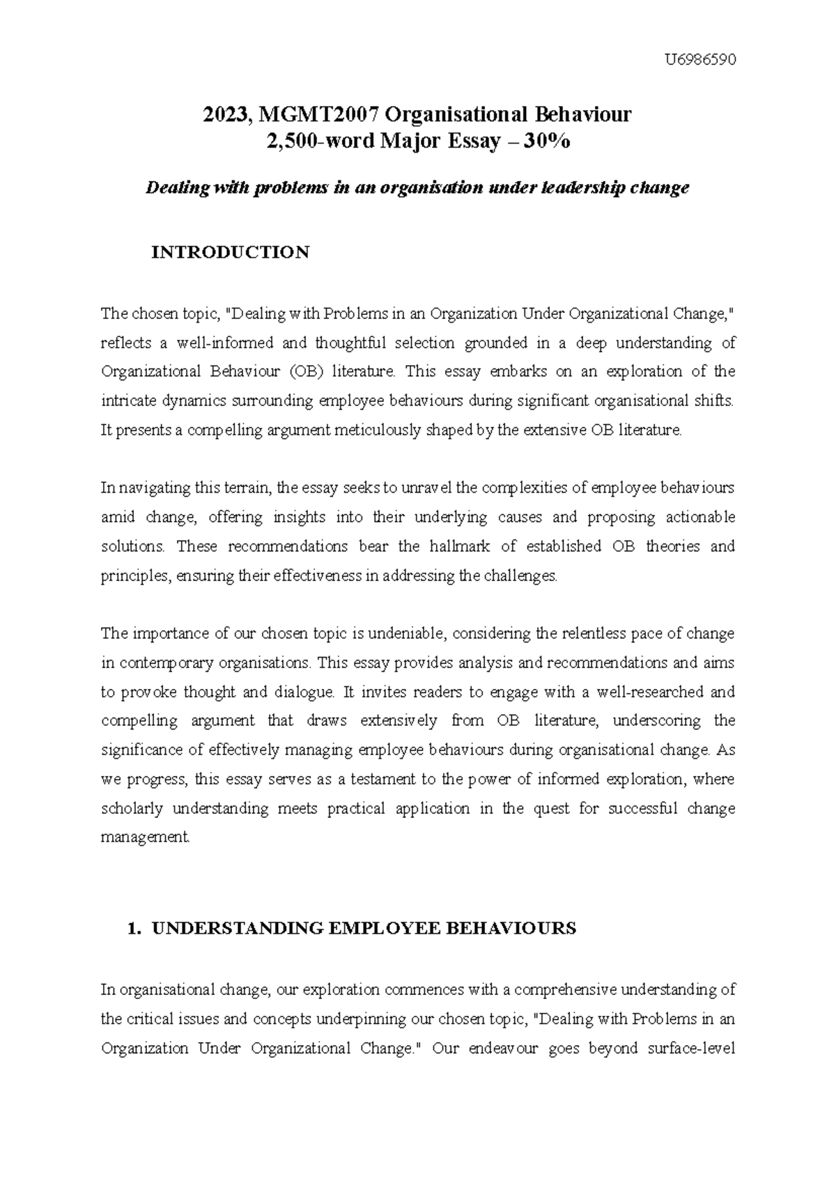 MGMT2007 Major Essay Boss 2023, MGMT 2007 Organisational Behaviour