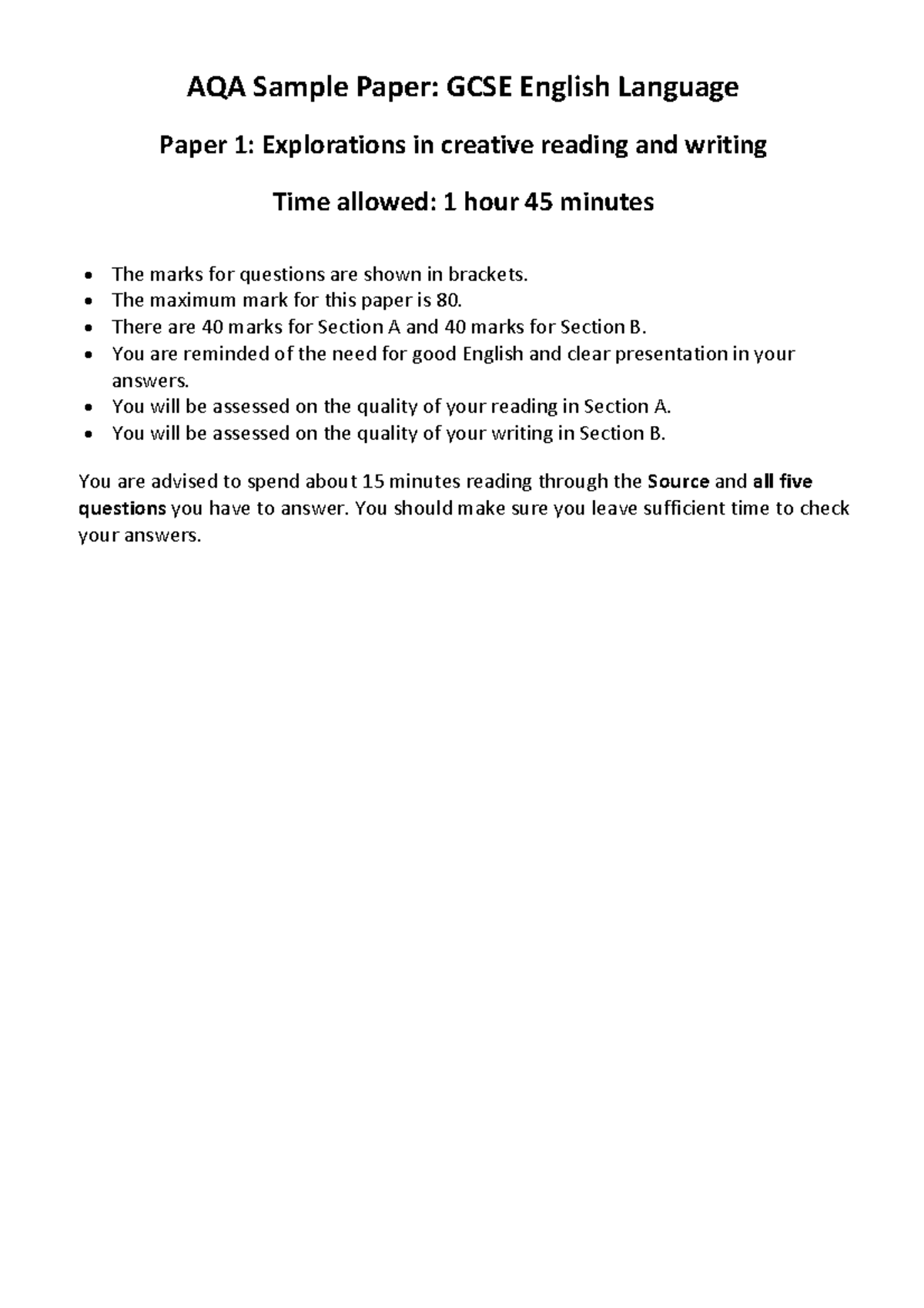 Eng Lang 1a - aqa english language - AQA Sample Paper: GCSE English ...