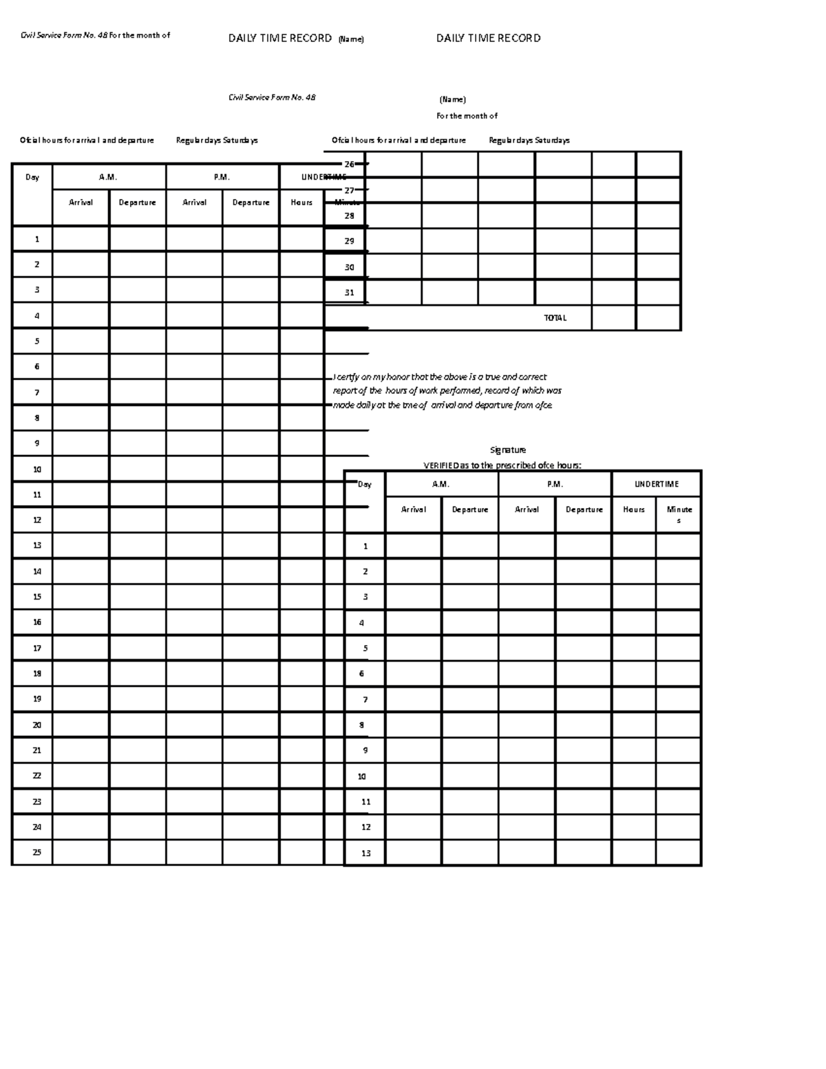 Blank DTR - This is a sample of a DTR - Civil Service Form No. 48 For ...