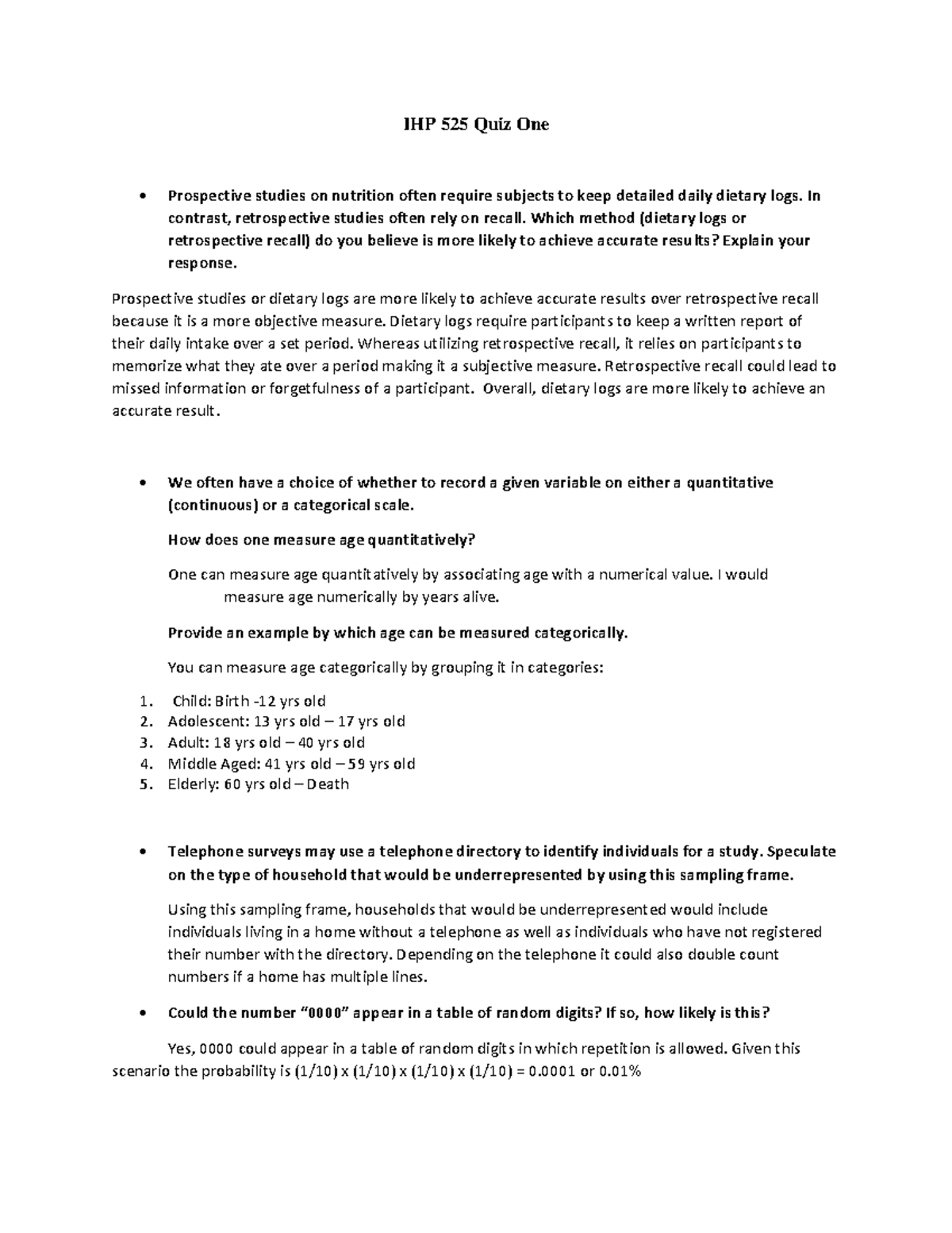 IHP 525 Quiz One - Problem Set - IHP 525 Quiz One Prospective Studies ...