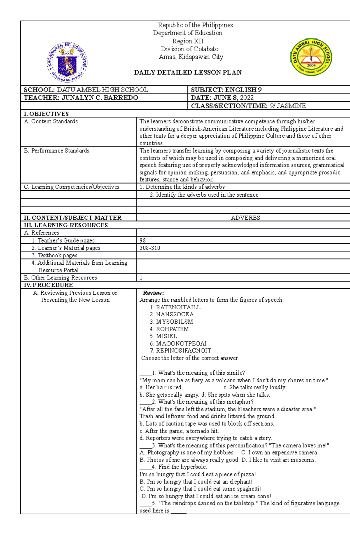 Datailed Lesson Plan Cot Republic Of The Philippines Department Of Education Region Xii 6214