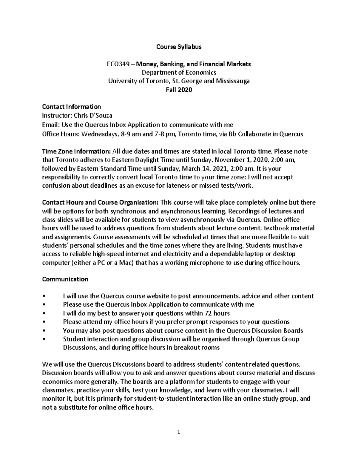 2020 fall syllabus Course Syllabus ECO349 Money, Banking, and