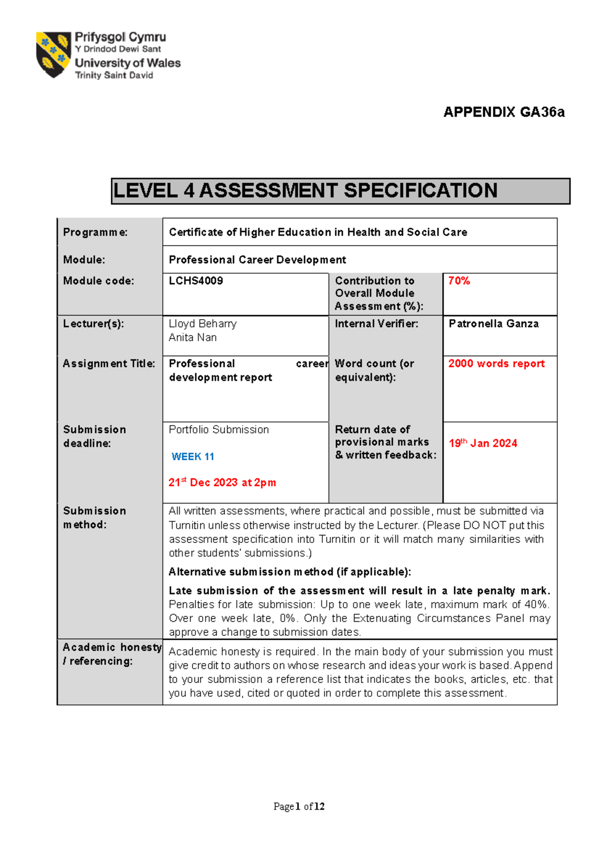 LCHS4009-PCD HSC-A2 - assignment - Page 1 of 12 APPENDIX GA36a LEVEL 4 ...
