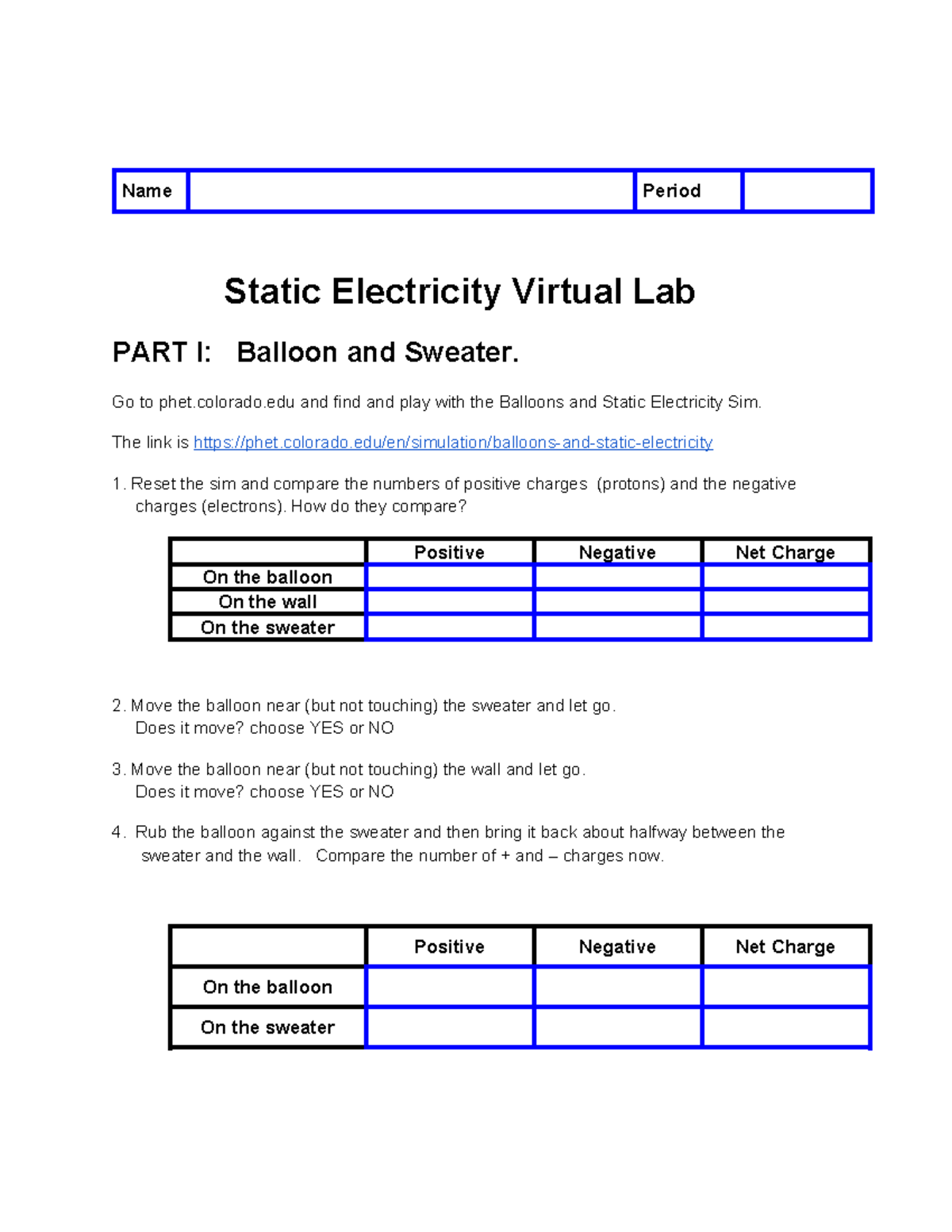 Copy of Static Electricity Virtual Lab Name Period Static Electricity