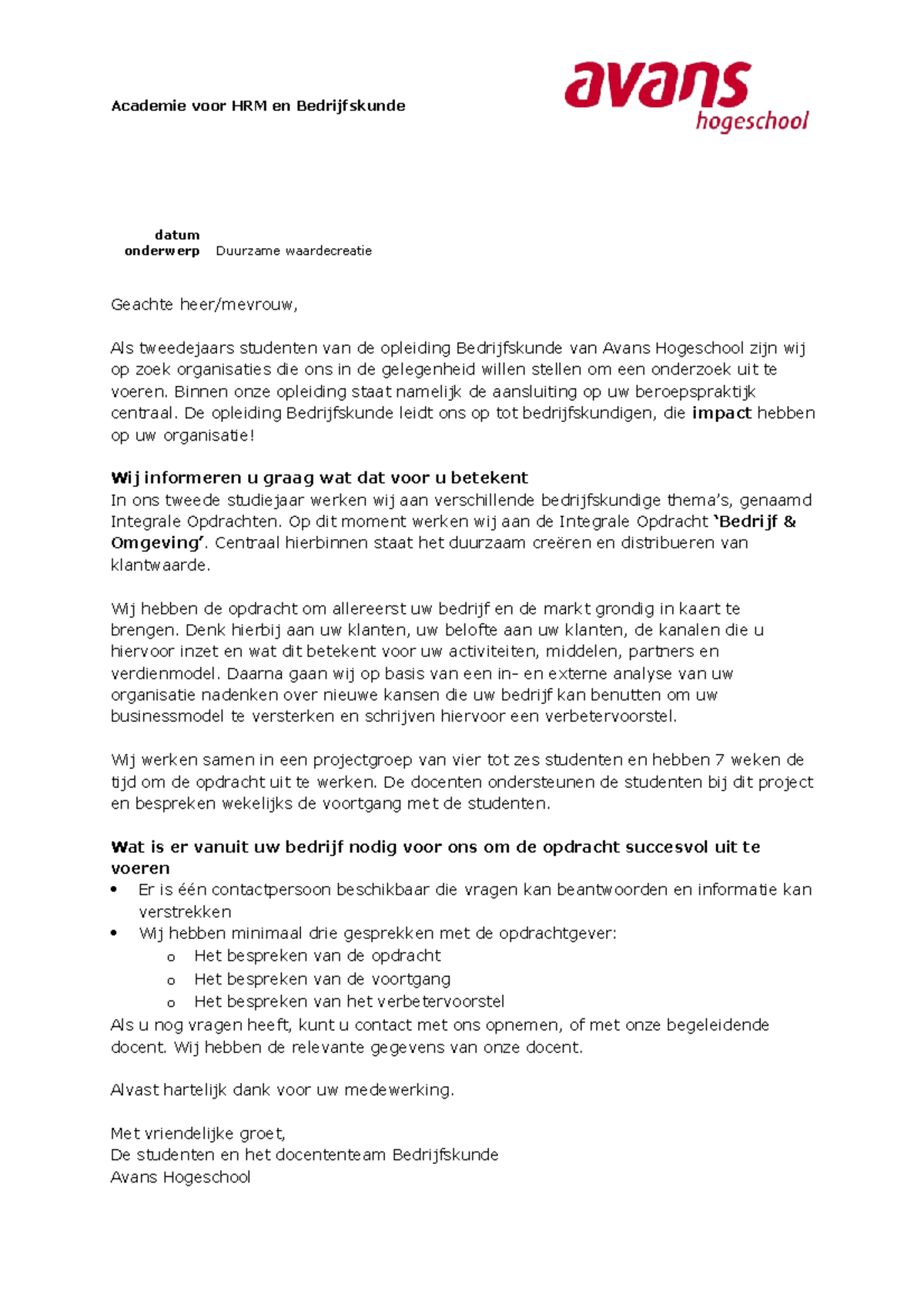 Toelichtende Brief Tbv De Opdrachtgever Praktijkopdracht B&O - Academie ...