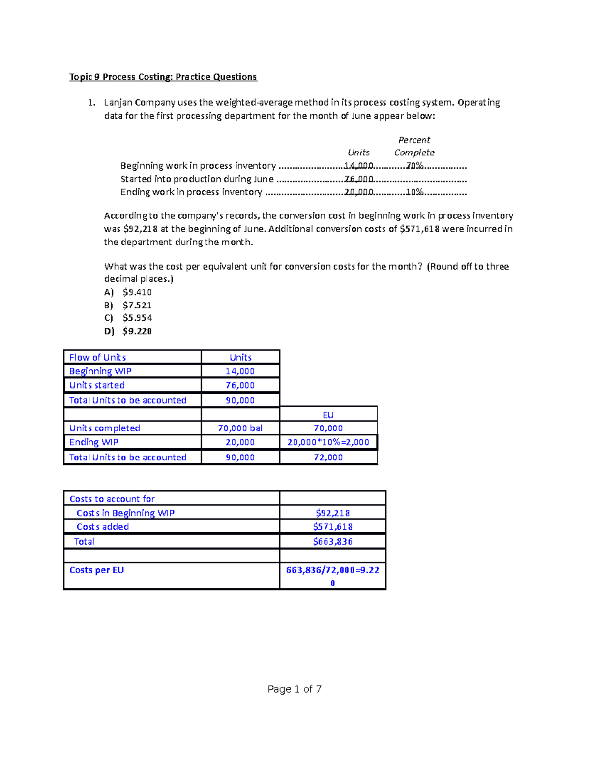 Topic 9 Process Costing Practice Questions With Ans Topic 9 Process
