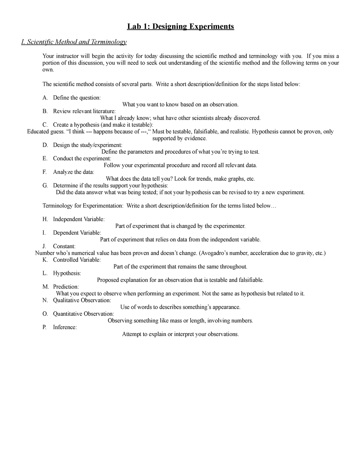Lab 22 - Designing Experiments - Scientific Method and Terminology With Experimental Design Worksheet Answers