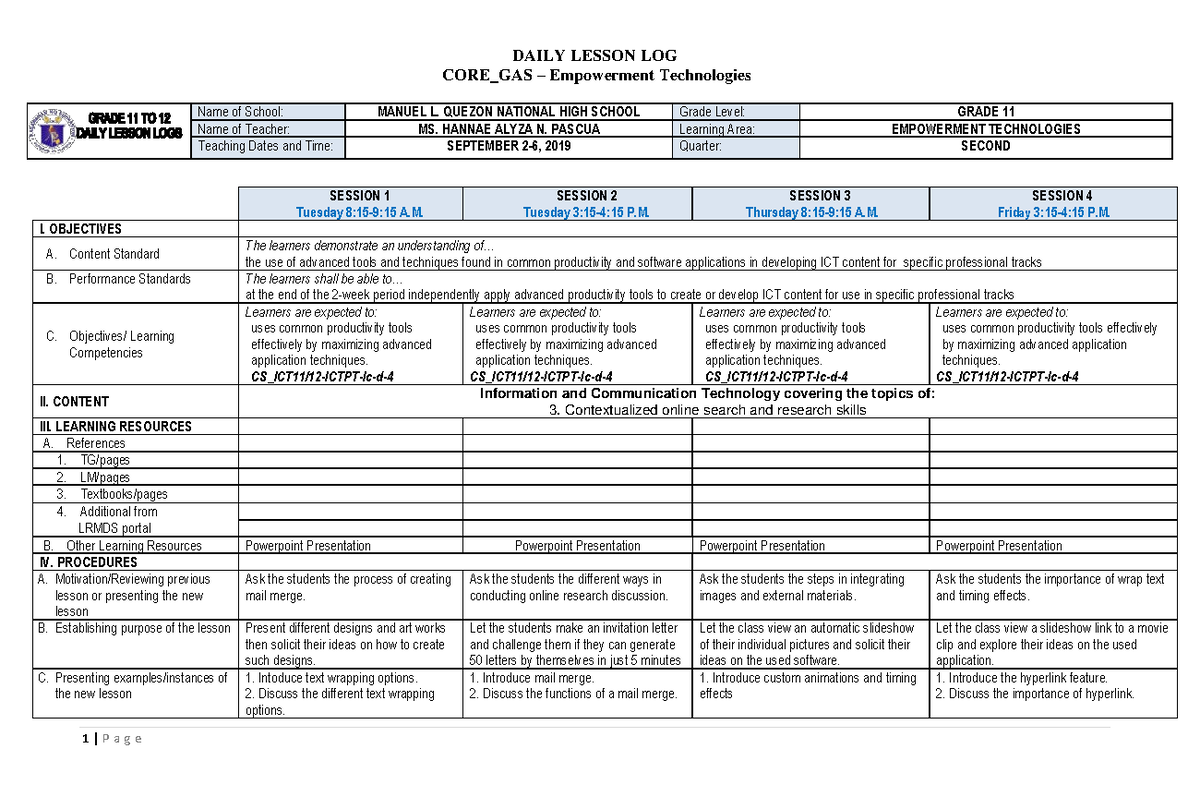 Pdfcoffee - Lecture Notes To Emp - DAILY LESSON LOG CORE_GAS ...