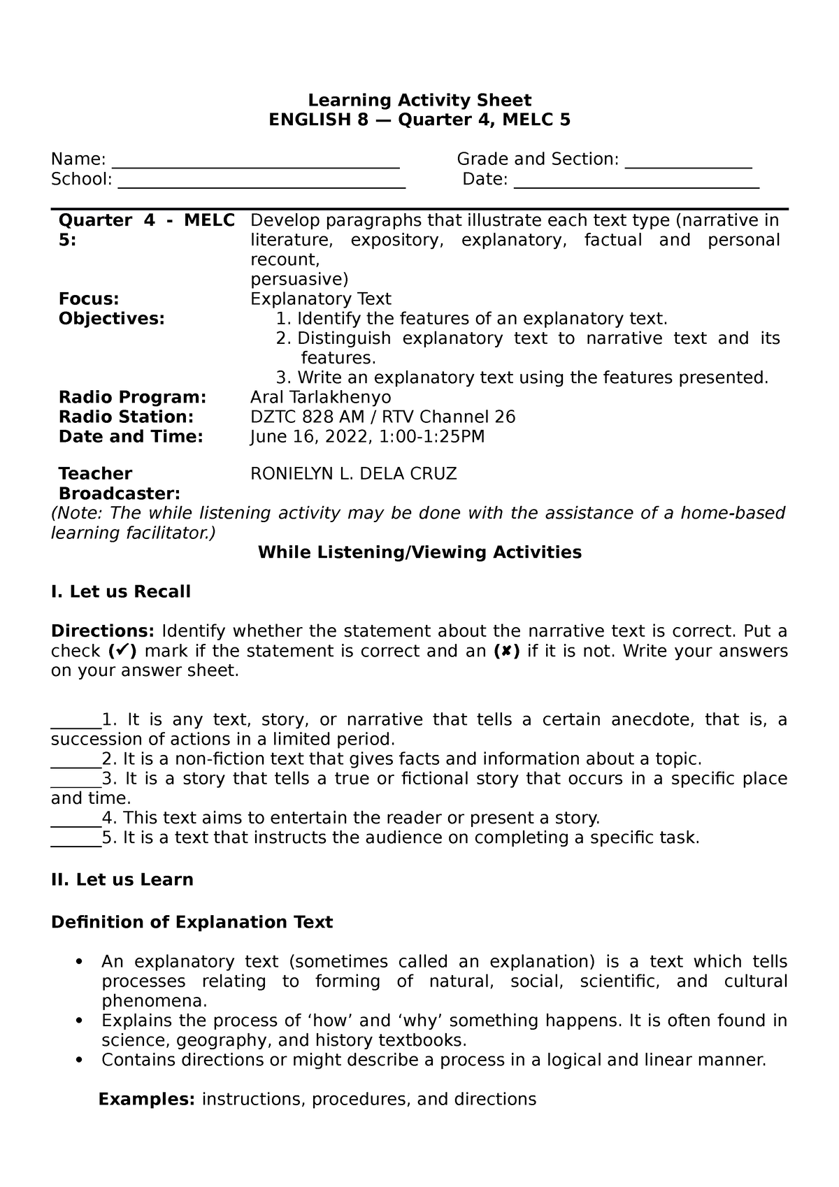 English Grade 8 JUNE16 Learning Activity Sheet ENGLISH 8 Quarter 4 