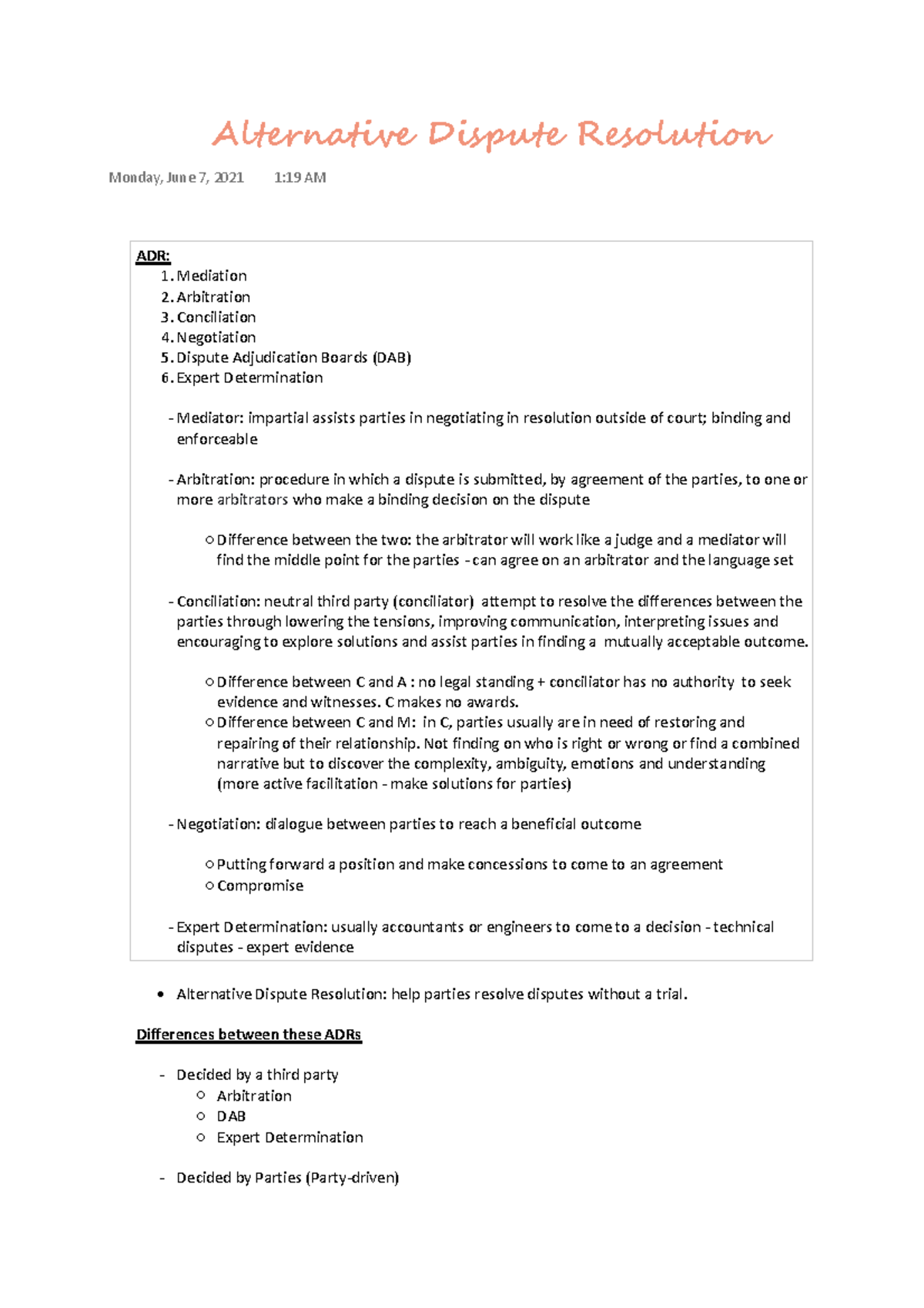 ADR - Lecture notes - Z͗ ϭ͘DĞĚŝĂƚŝŽŶ Ϯ͘ ƌďŝƚƌĂƚŝŽŶ ϯ͘ ŽŶĐŝůŝĂƚŝŽŶ κ ...
