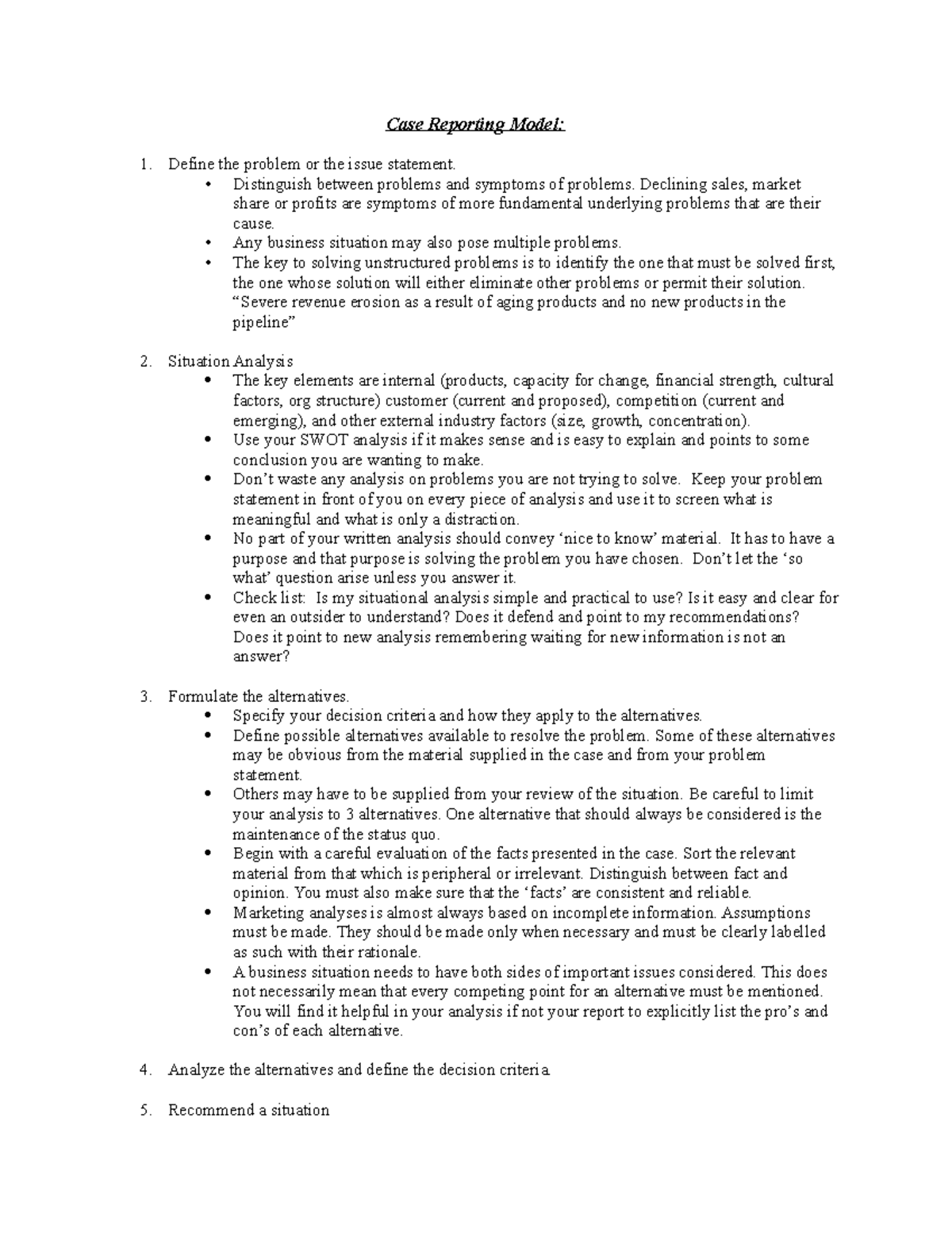 Case Reporting Model - Define the problem or the issue statement ...