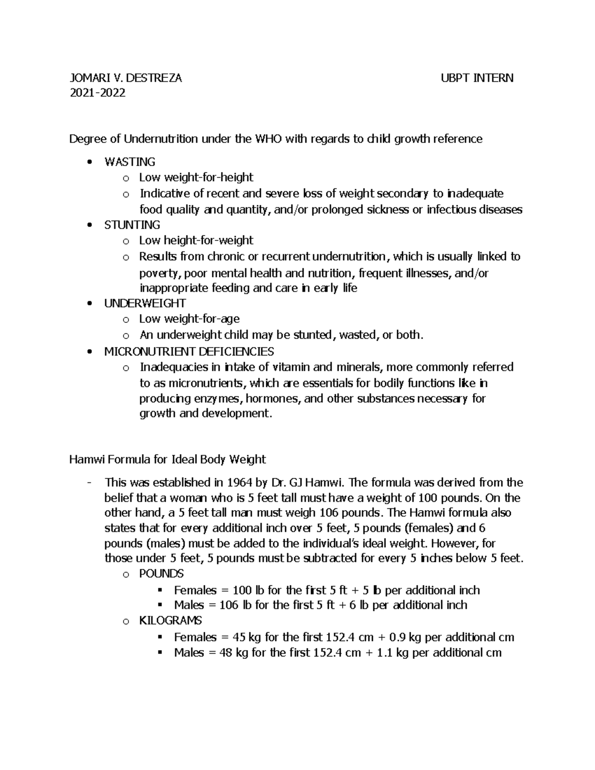 Body Weight Notes - JOMARI V. DESTREZA UBPT INTERN 2021- Degree of ...