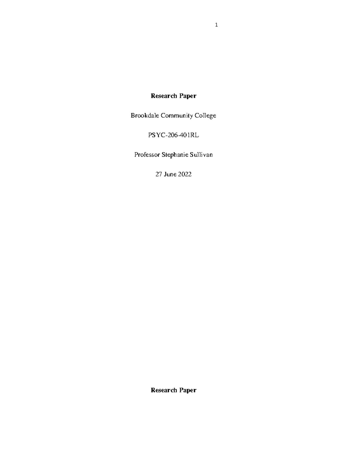 PSYC-206 Research Paper - Research Paper Brookdale Community College ...