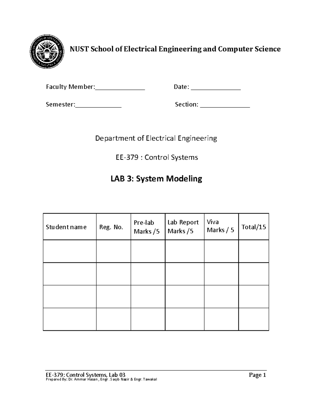 Control Systems Lab 03 Page 1 Department of Electrical Engineering EE379 Control Systems