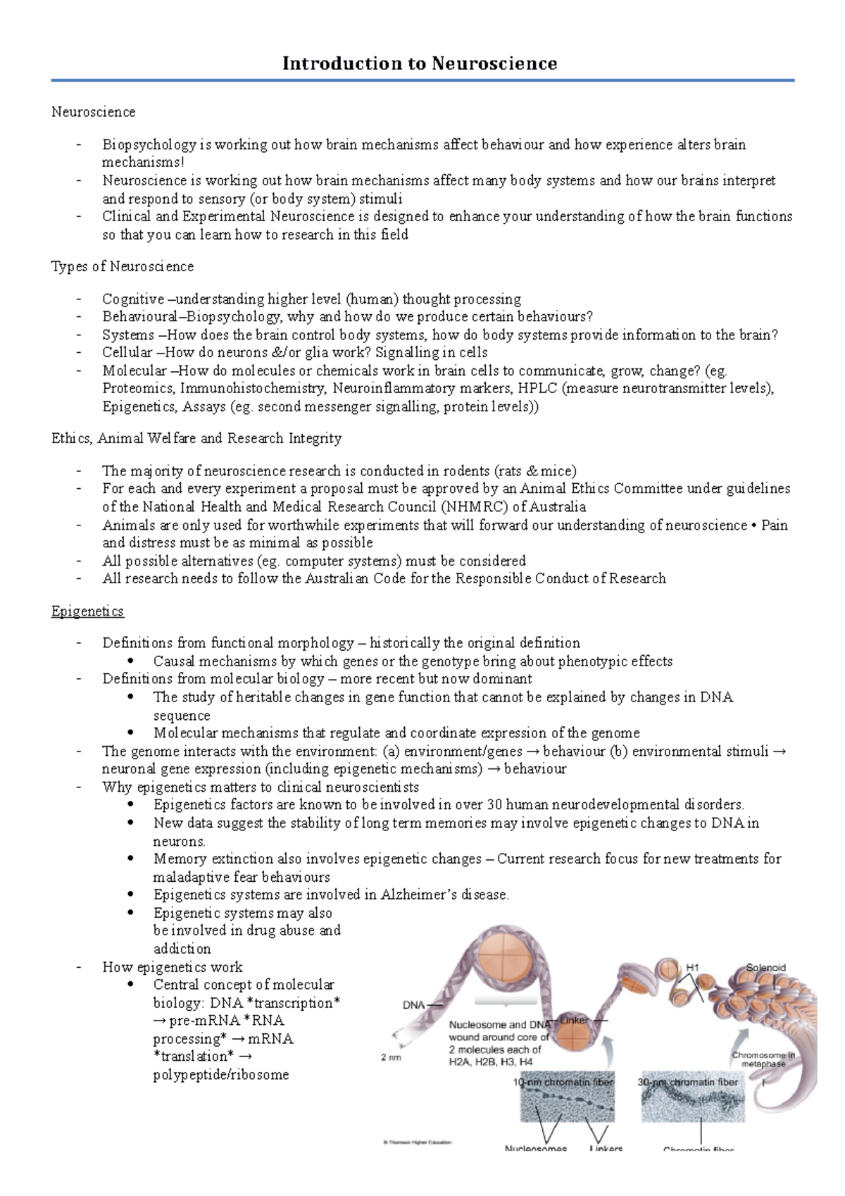 Notes - Introduction to Neuroscience Neuroscience Biopsychology is ...