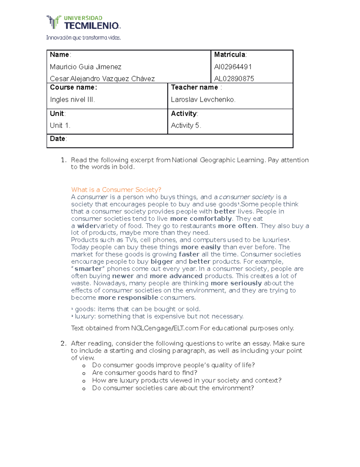 Activity 5 Ingles III - Ingles Avanzado - TecMilenio - Studocu