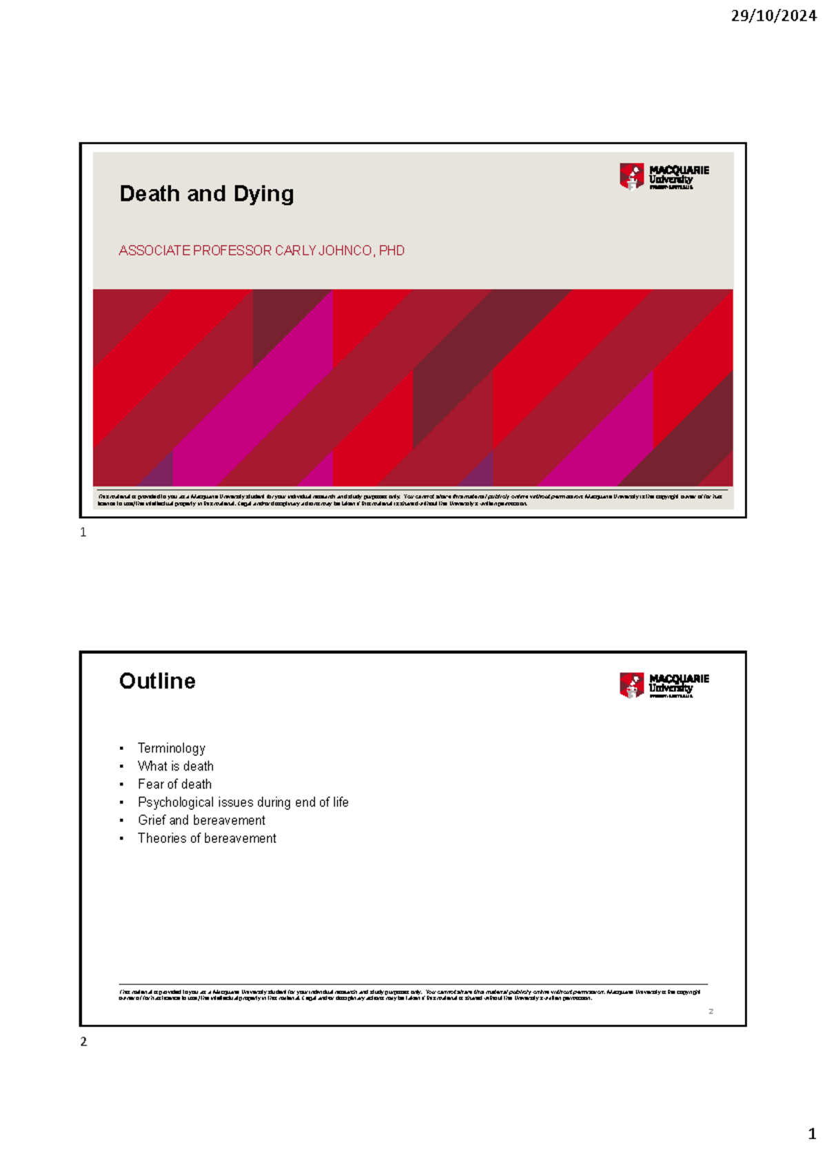 2024 Death and Dying - Lecture WK 13 - This material is provided to you ...