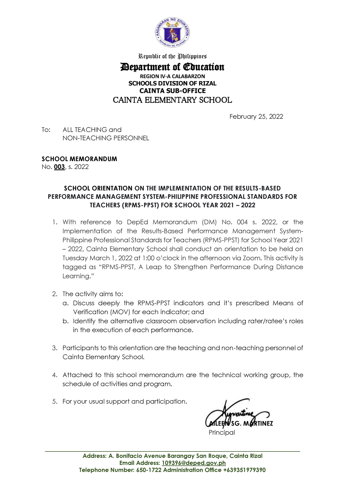 School Memo003 RPMS-PPST Orientation - Republic of the Philippines ...