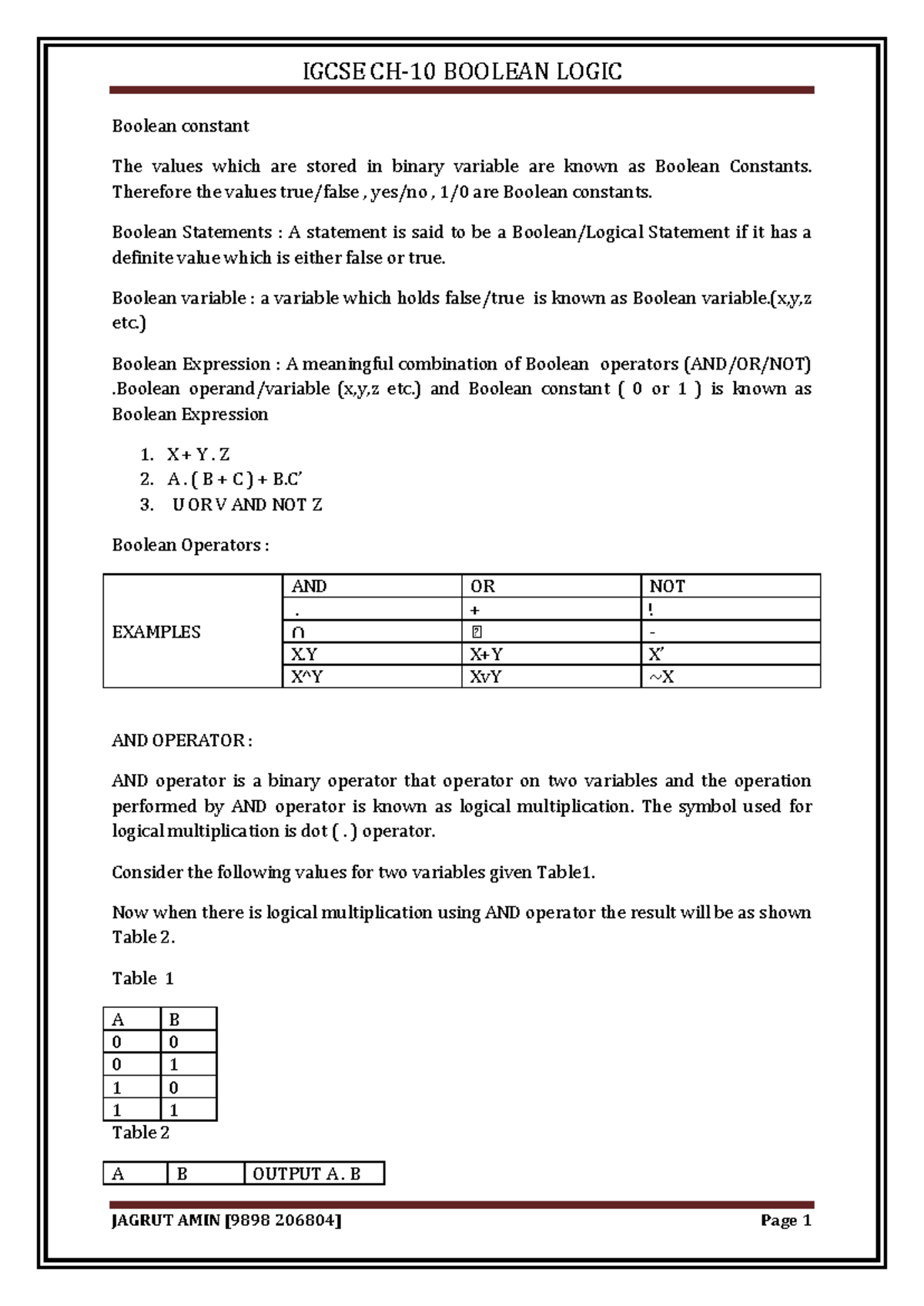 Igcse CH-10 Boolean constant Notes - Boolean constant The values which ...