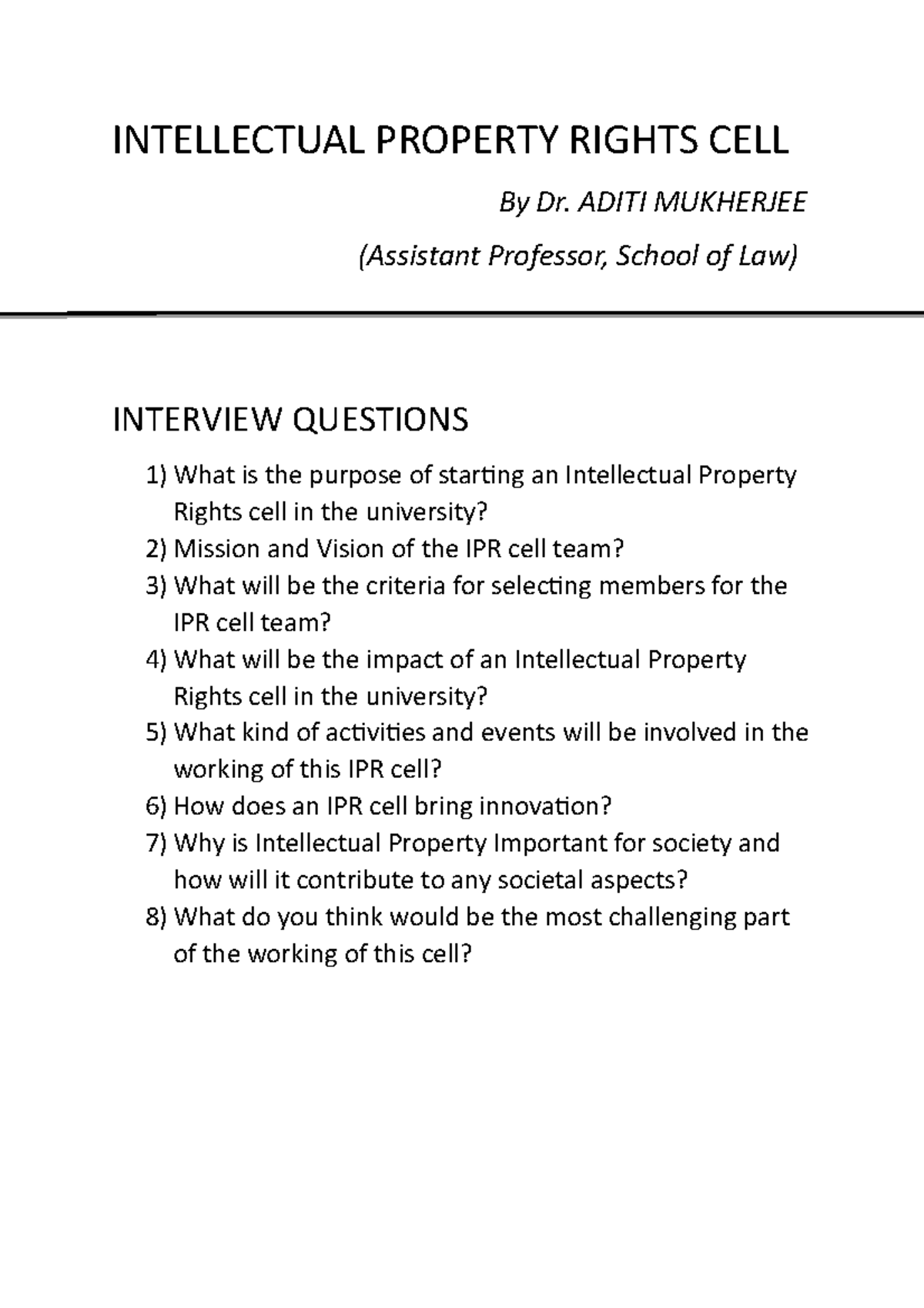 IPR CELL Question Draft . law duniya there - INTELLECTUAL PROPERTY ...