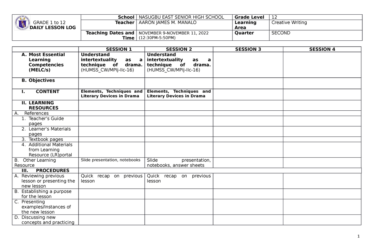 Template For DLL - GRADE 1 To 12 DAILY LESSON LOG School NASUGBU EAST ...