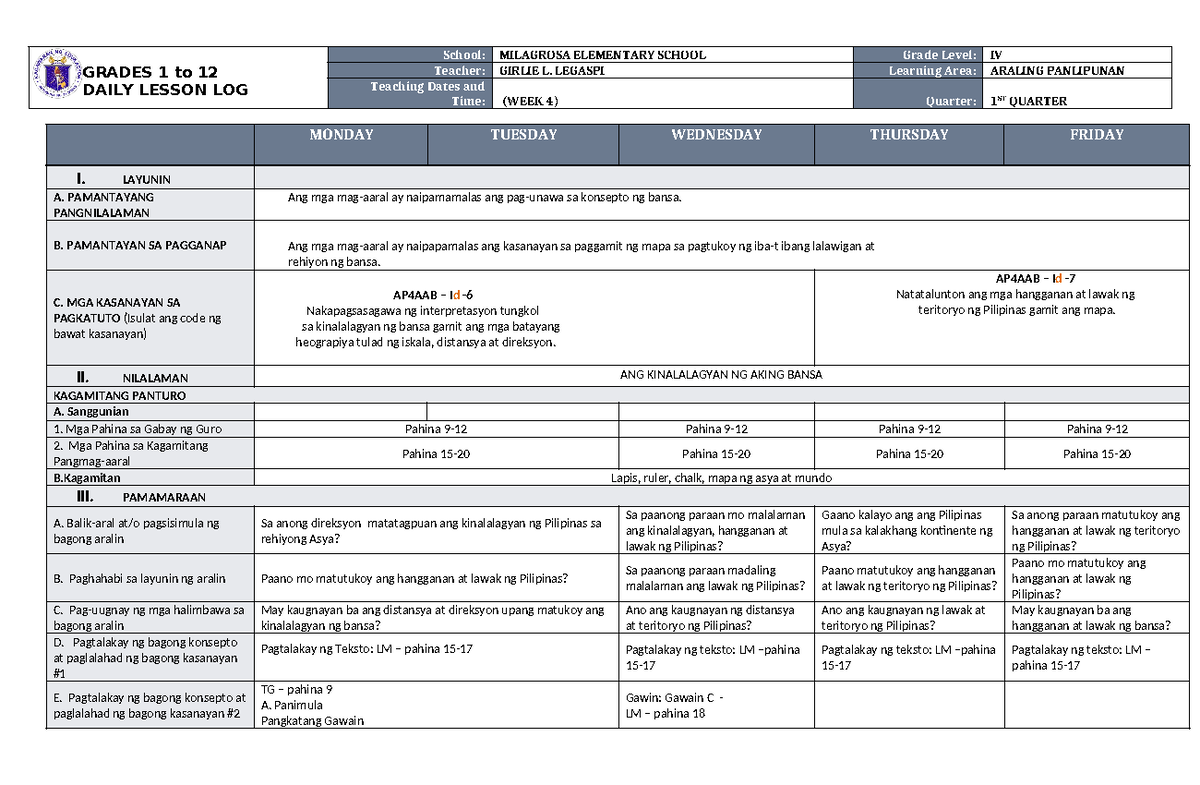 DLL Araling Panlipunan 4 Q1 W4 - GRADES 1 to 12 DAILY LESSON LOG School ...