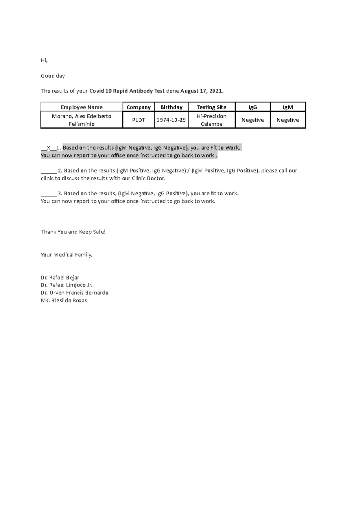 HiPrecision Emails (Autosaved) Good day! The results of your Covid 19 Rapid Antibody Test