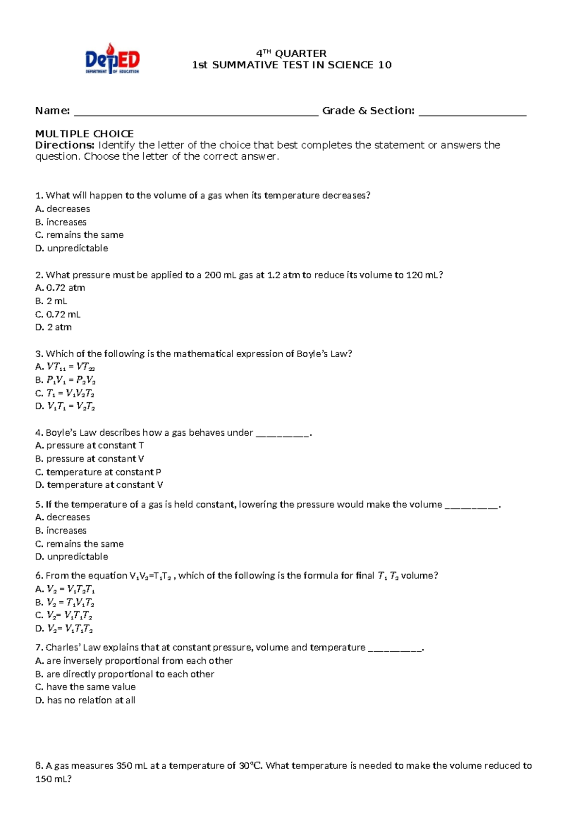 4TH Quarter 2nd Summative Test in Science 10 - 4 TH QUARTER 1st ...