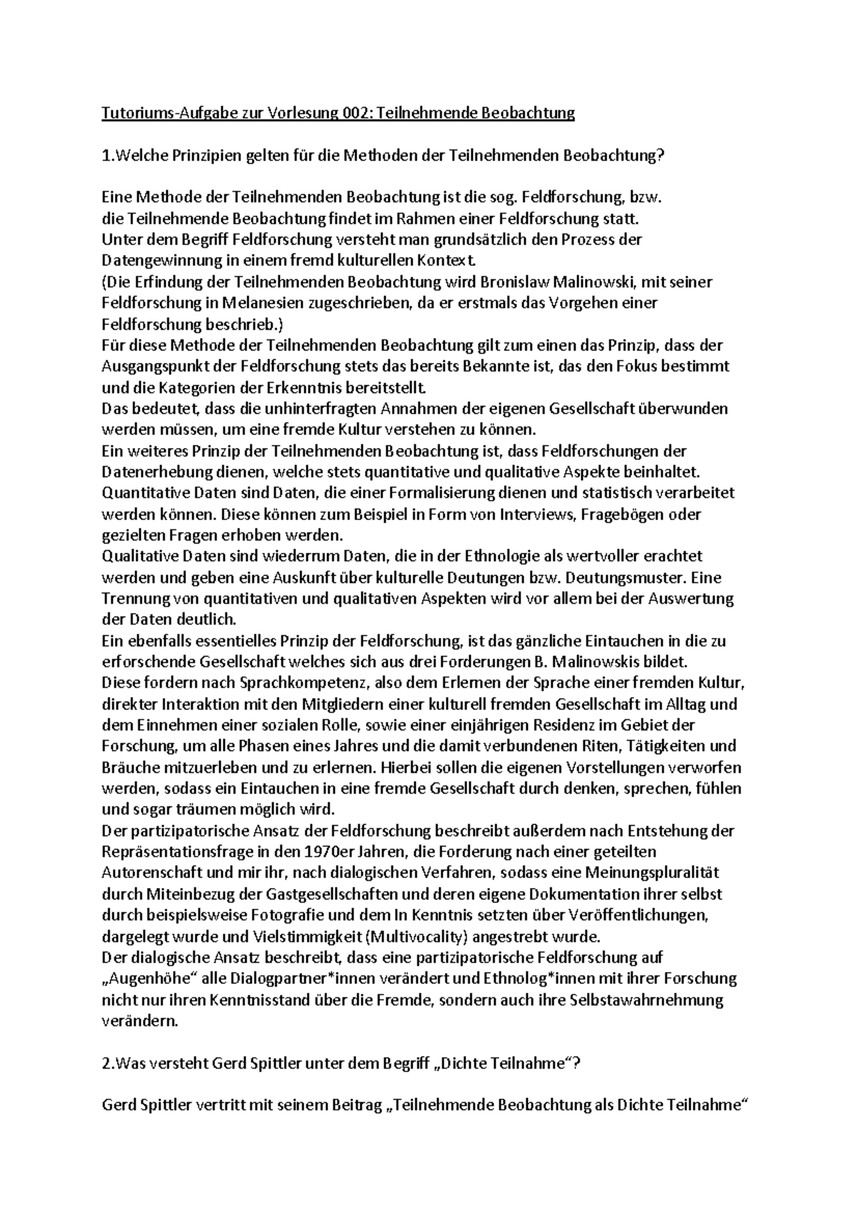Tutoriums- Aufgabe Ethnologie zur 8.VL : Teilnehmende Beobachtung - Tutoriums-Aufgabe zur ...