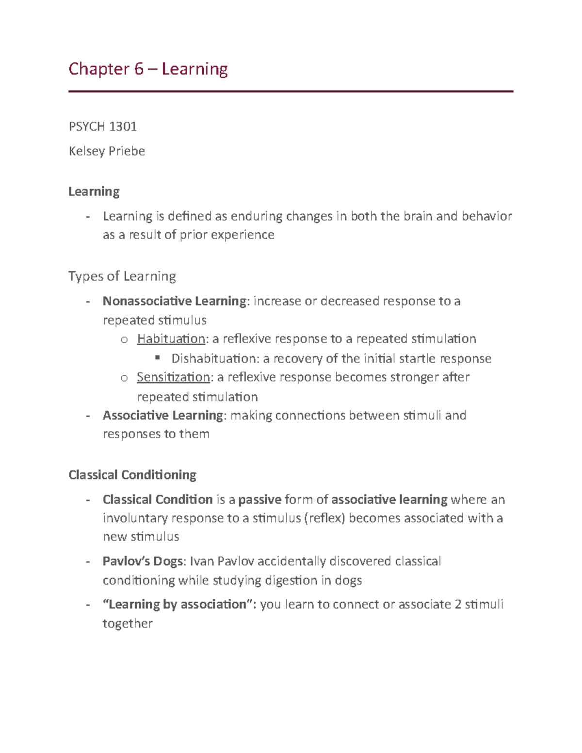 Chapter 6 - Learning - Lecture notes 6 - Chapter 6 – Learning PSYCH ...