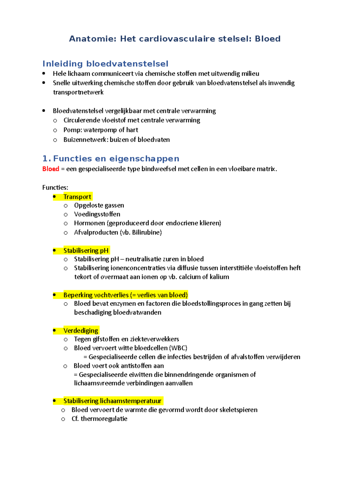 Samenvatting Cardiovasculaire Stelsel - Bloed - Anatomie: Het ...