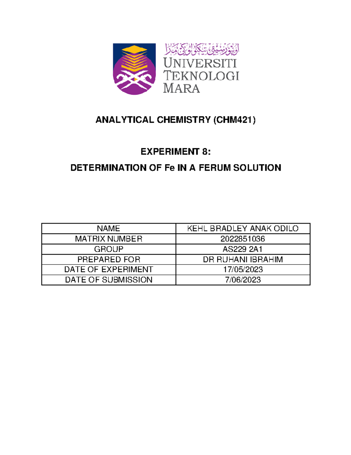 Chm 421 Lab Report 8 - ANALYTICAL CHEMISTRY (CHM421) EXPERIMENT 8 ...