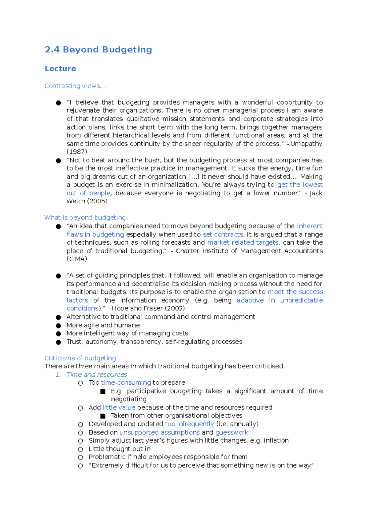 2.4 Beyond Budgeting - Summary notes for Module 2 Lecture 4 - 2 Beyond ...