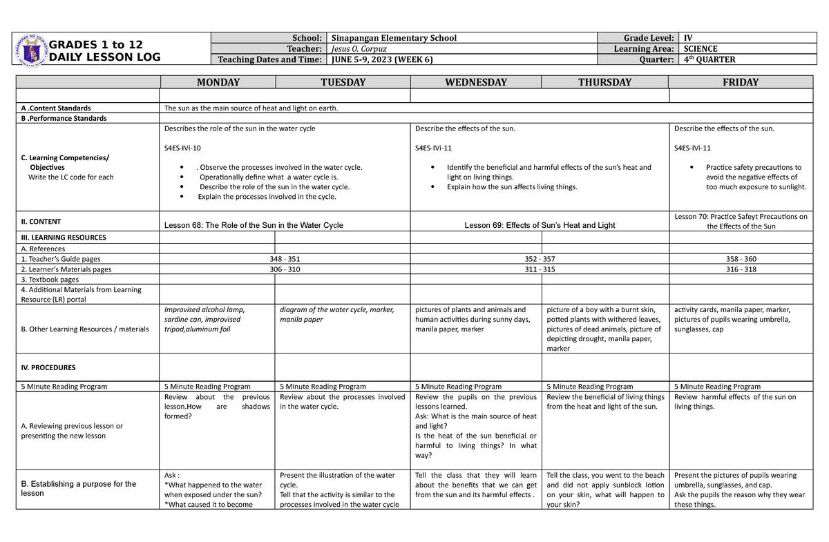 DLL Science 4 Q4 W6 - English 4 - DNHS - Studocu