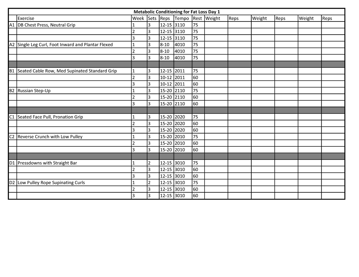 Poliquin metcon fatloss Exercise Week Sets Reps Tempo Rest