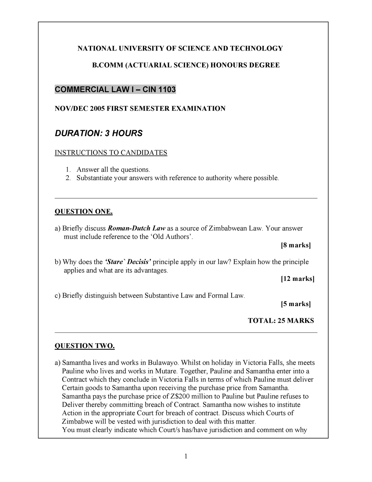 Exam November 2010 Questions Commercial Law Cin1103 Nust Studocu