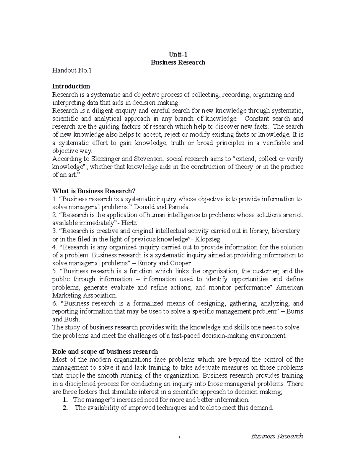 Unit -1 Business Research - Unit- Business Research Handout No ...