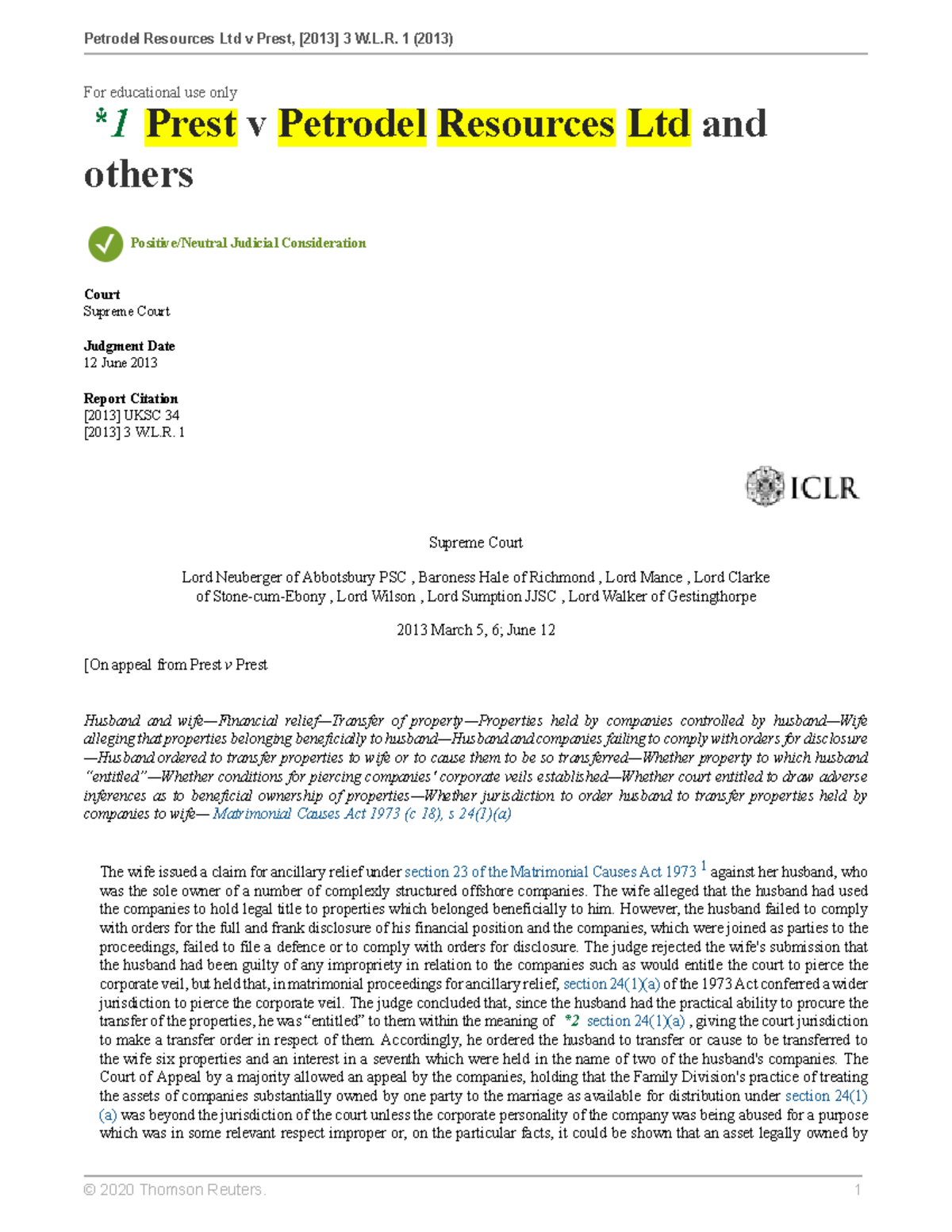 LC2 Petrodel Resources Ltd v Prest For educational use only *1 Prest