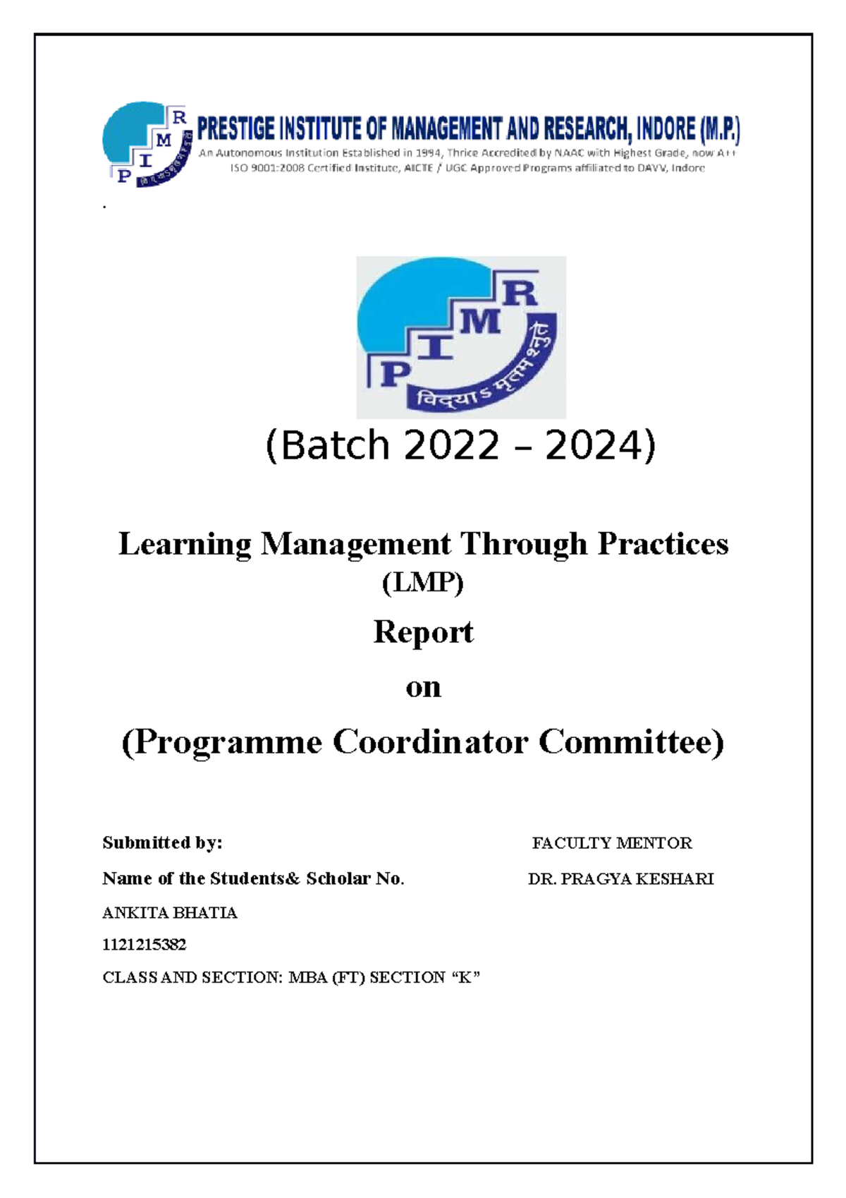 LMP Report Ankita Bhatia - . (Batch 2022 – 2024) Learning Management ...