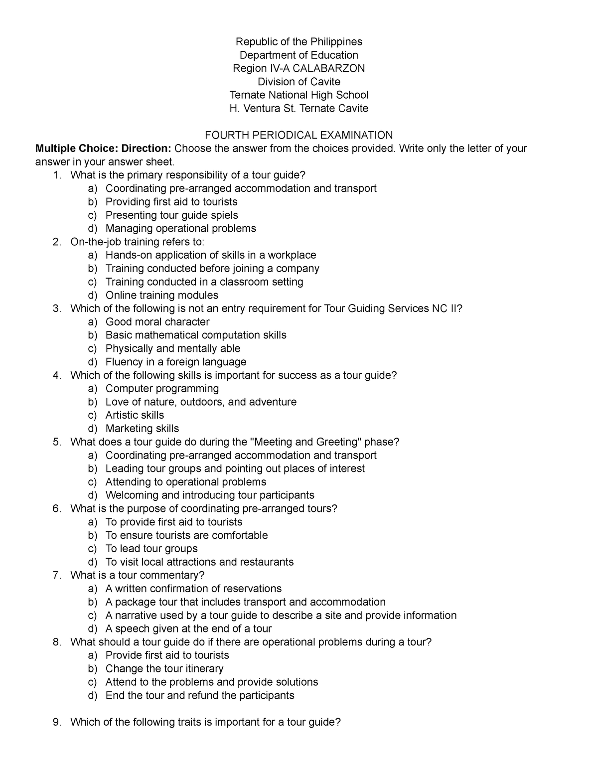 Fourth grading exam - Exam for the last quarter - Republic of the ...