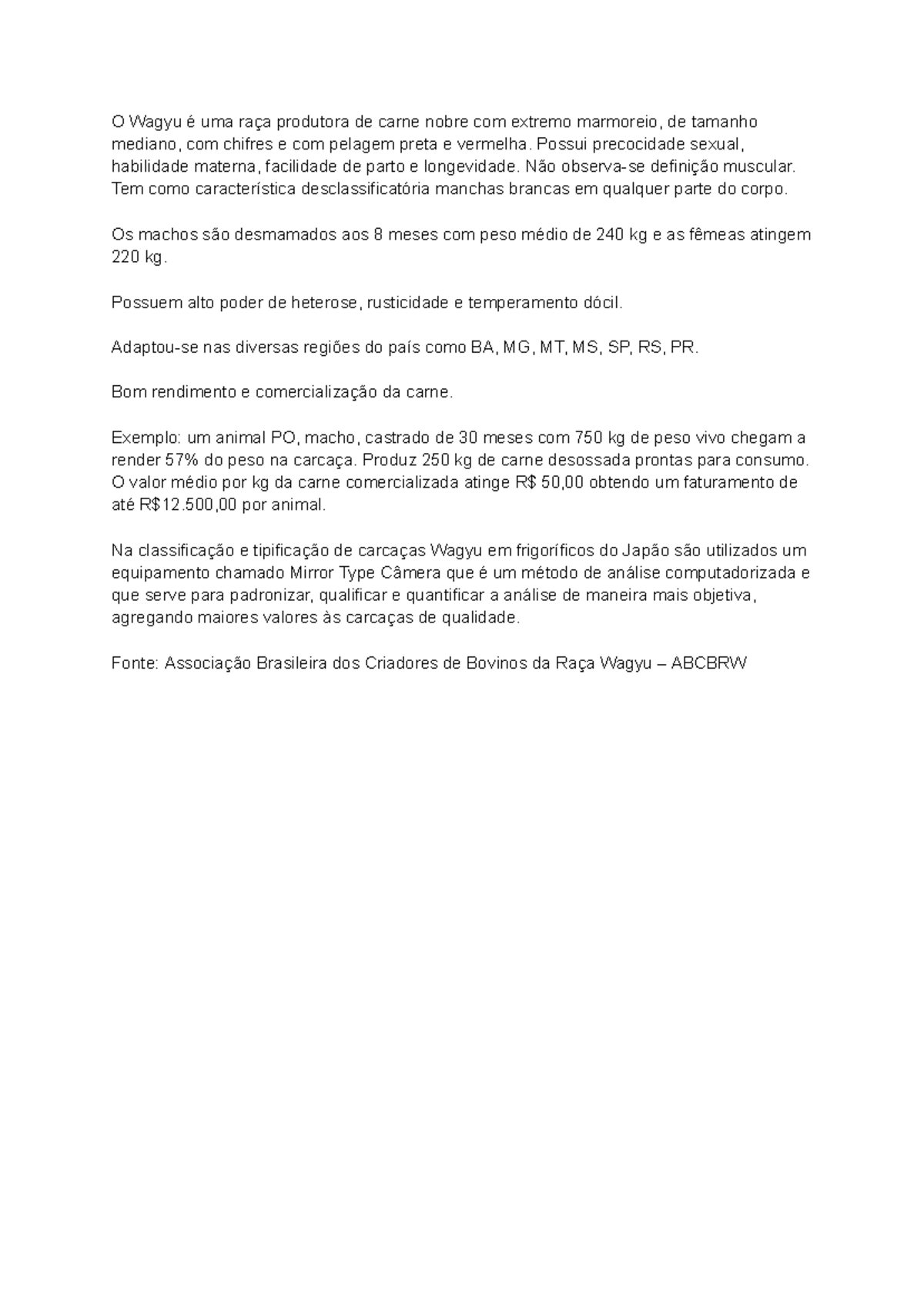 Wagyu - Resumo Veterinaria e Zootecnia - O Wagyu é uma raça produtora ...