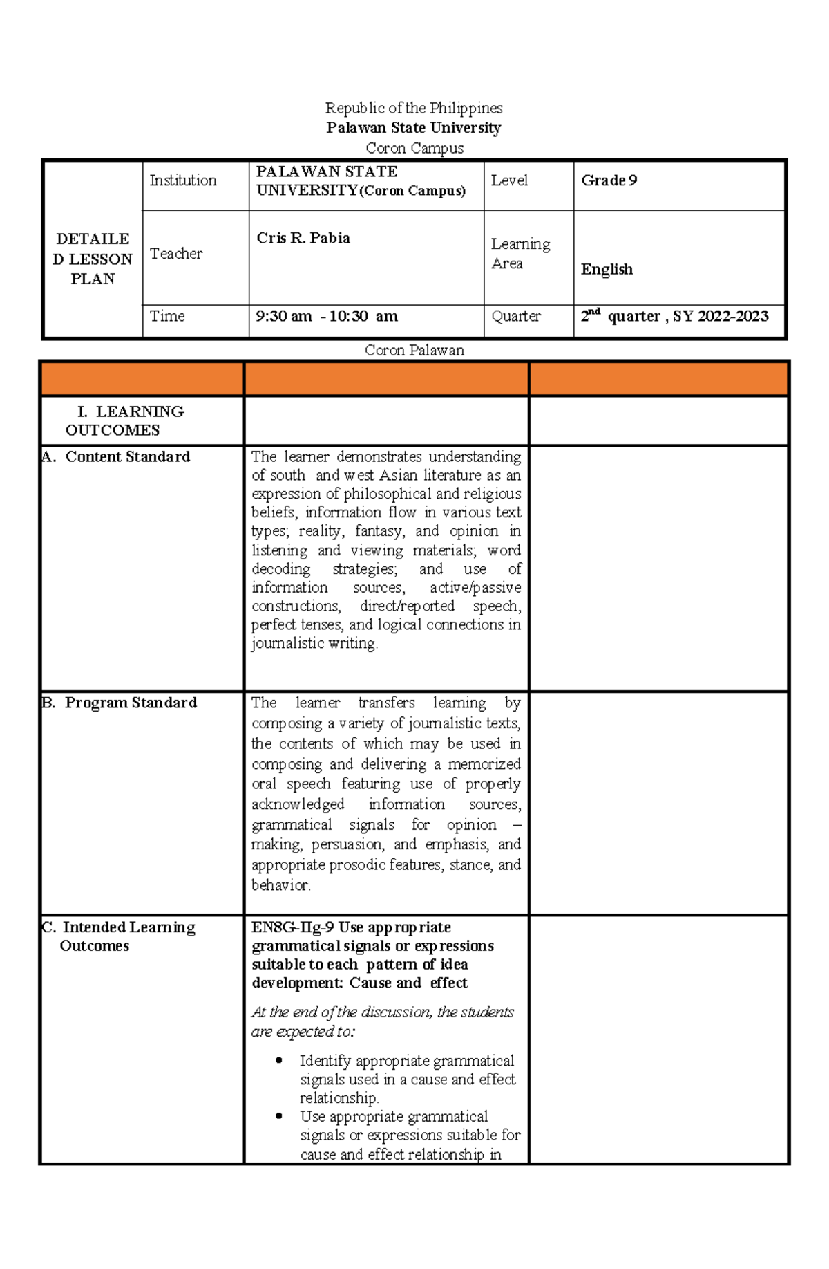 Pabia DLP - Republic of the Philippines Palawan State University Coron ...