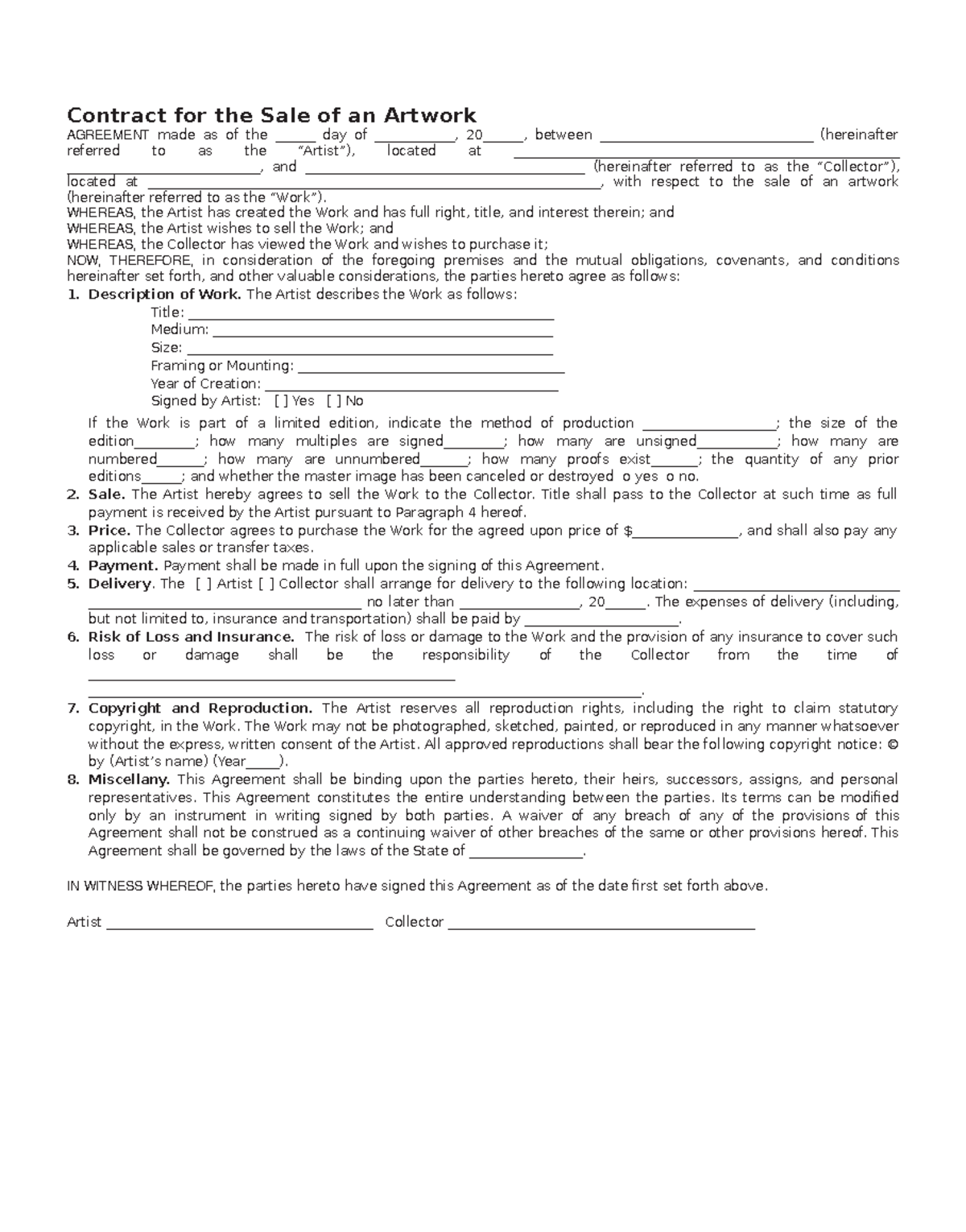 Form 01 The Contract For The Sale Of An Artwork Template From The   Thumb 1200 1530 